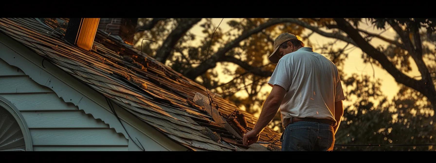 a concerned homeowner inspects a sagging roof under dim artificial light, highlighting signs of water damage and missing shingles that indicate immediate repair needs. a concerned homeowner inspects a sagging roof under dim artificial light, highlighting signs of water damage and missing shingles that indicate immediate repair needs.