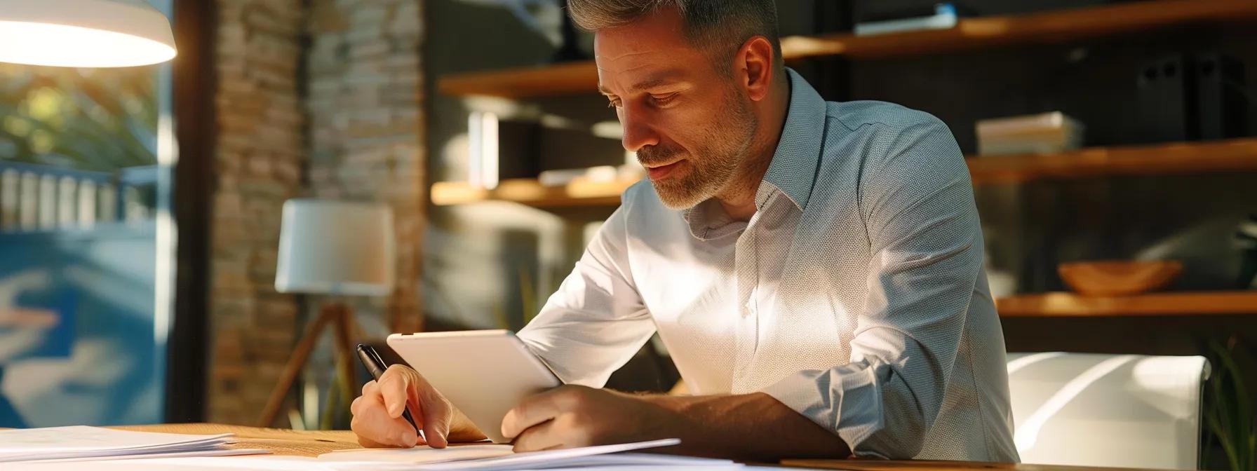 a confident homeowner sits at a sleek, modern desk, surrounded by roofing samples and warranty documents, intently reviewing options on a tablet in a well-lit, contemporary office, emphasizing the importance of informed decision-making in selecting the right roofing warranty. a confident homeowner sits at a sleek, modern desk, surrounded by roofing samples and warranty documents, intently reviewing options on a tablet in a well-lit, contemporary office, emphasizing the importance of informed decision-making in selecting the right roofing warranty.