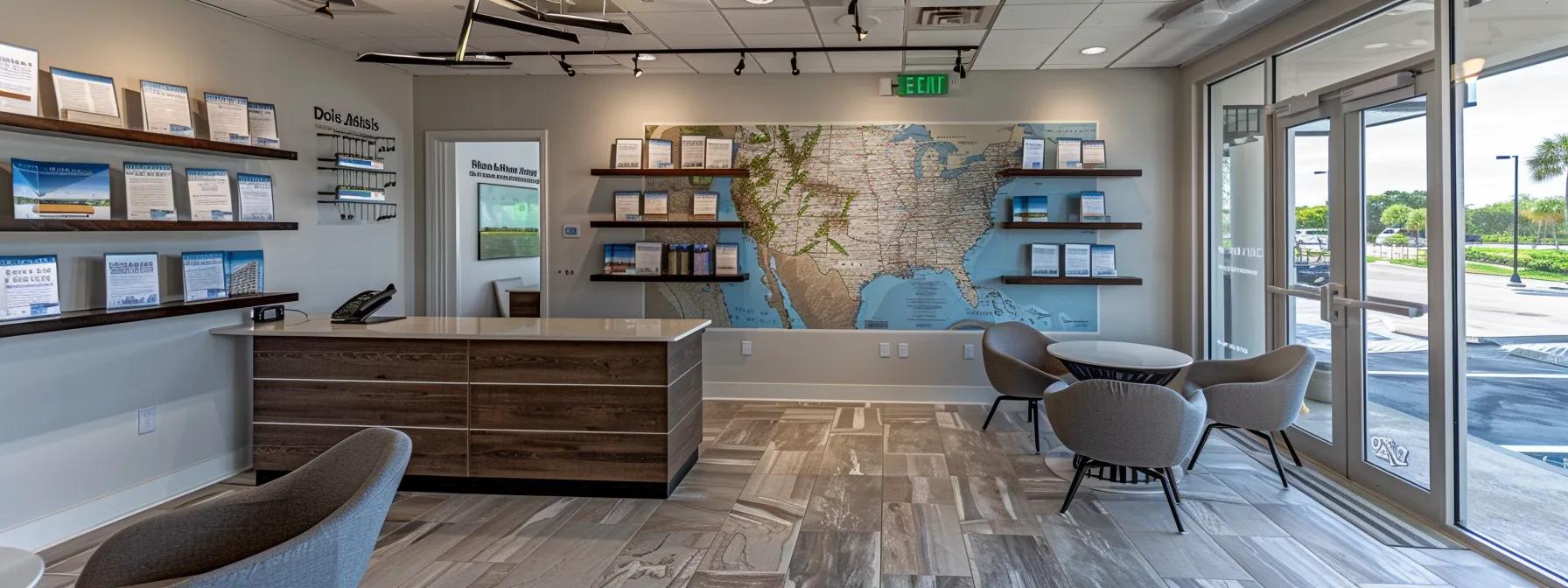 a detailed view of a modern roofing contractor’s office in pompano beach, showcasing a sleek design with a large wall map highlighting local weather challenges, roofing materials samples displayed on elegant shelves, and brochures emphasizing warranties tailored for high humidity, salt air, and strong winds, all under bright, professional lighting. a detailed view of a modern roofing contractor’s office in pompano beach, showcasing a sleek design with a large wall map highlighting local weather challenges, roofing materials samples displayed on elegant shelves, and brochures emphasizing warranties tailored for high humidity, salt air, and strong winds, all under bright, professional lighting.