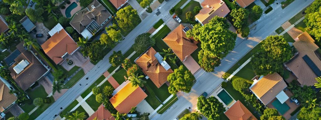 a dramatic aerial view of a residential neighborhood in pompano beach showcasing multiple roofs with visible signs of wear and crisis, illuminated by the late afternoon sun highlighting the urgency of roofing services.