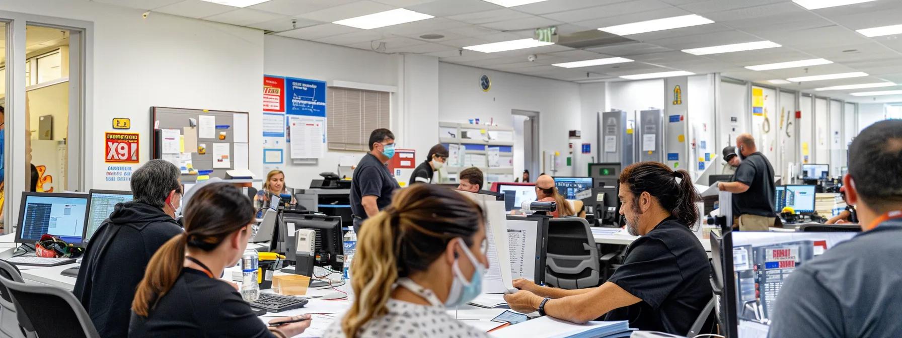 a dynamic scene inside a bustling emergency roofing service office in pompano beach, featuring urgent conversations and professionals assessing blueprints and damage reports under bright fluorescent lights, capturing the fast-paced response to roofing emergencies. a dynamic scene inside a bustling emergency roofing service office in pompano beach, featuring urgent conversations and professionals assessing blueprints and damage reports under bright fluorescent lights, capturing the fast-paced response to roofing emergencies.