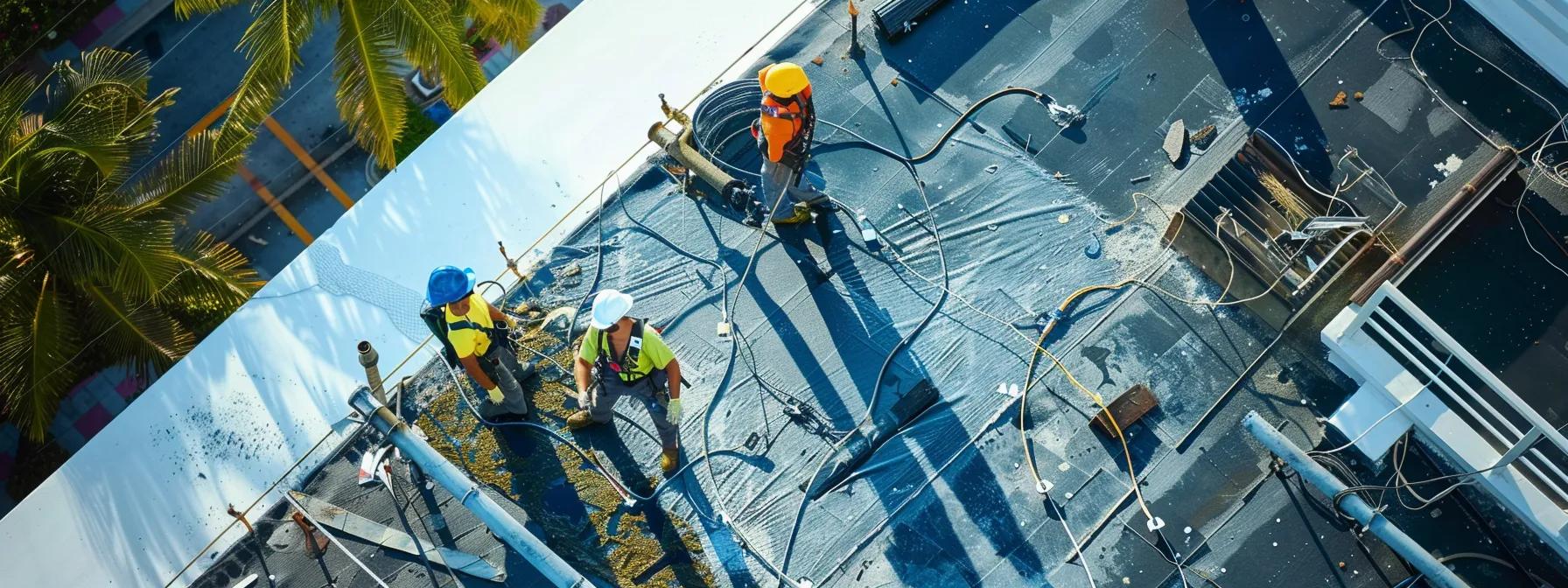 a dynamic urban roofing team swiftly addresses a severe leak atop a modern pompano beach building, highlighting the urgency and professionalism required for immediate emergency repairs under dramatic artificial lighting that accentuates the team's focused expressions and the complexity of the task at hand. a dynamic urban roofing team swiftly addresses a severe leak atop a modern pompano beach building, highlighting the urgency and professionalism required for immediate emergency repairs under dramatic artificial lighting that accentuates the team's focused expressions and the complexity of the task at hand.