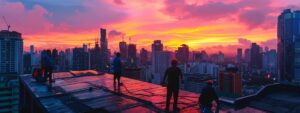 a dynamic urban rooftop scene features a team of expert roofers diligently inspecting a newly installed emergency roofing system, with city skyscrapers and a vibrant sunset in the background, symbolizing swift and reliable service in crisis situations.