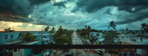 a dynamic urban scene captures a team of professionals efficiently repairing a storm-damaged roof on a bustling pompano beach building, showcasing a dramatic sky with ominous clouds overhead.