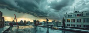 a dynamic urban scene showcasing a team of roofing professionals efficiently repairing a damaged rooftop on a multi-story building, with dramatic clouds overhead hinting at inclement weather.