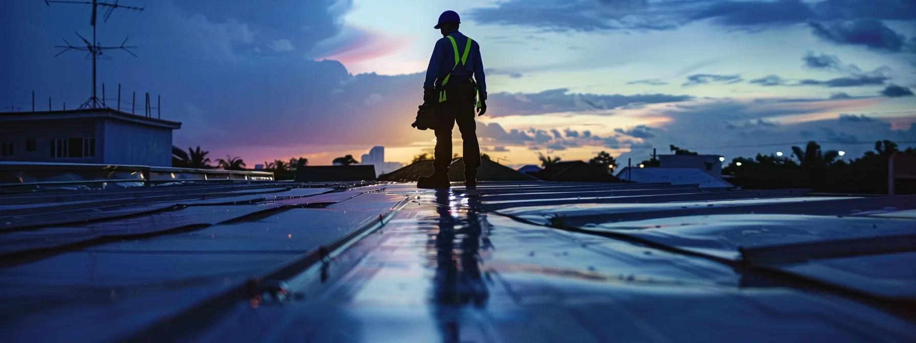 a focused scene captures a roofing professional conducting a damage assessment on a flat rooftop in pompano beach, illuminated by strong artificial lights as they inspect the surface for leaks and apply temporary tarpaulin covers, emphasizing the urgency and meticulousness of emergency repair work. a focused scene captures a roofing professional conducting a damage assessment on a flat rooftop in pompano beach, illuminated by strong artificial lights as they inspect the surface for leaks and apply temporary tarpaulin covers, emphasizing the urgency and meticulousness of emergency repair work.