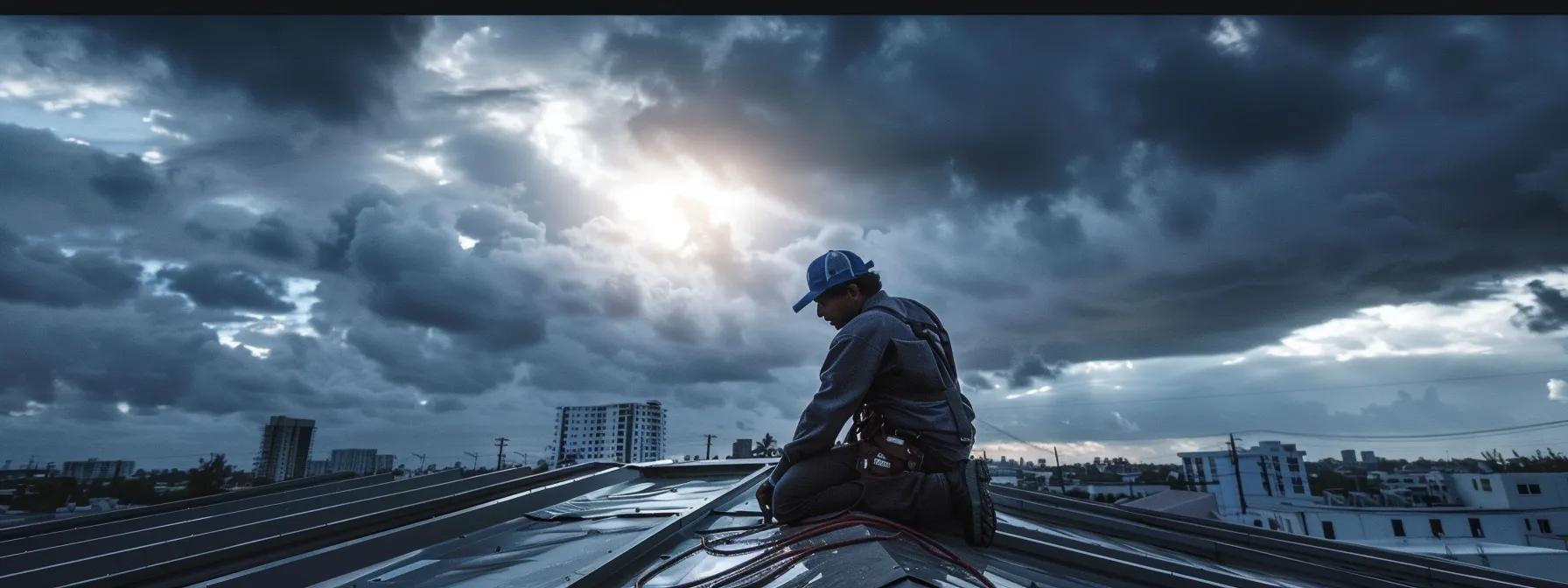 a focused scene depicting a skilled roofer on a sloped commercial roof in pompano beach, equipped with tools, assessing storm damage under bright artificial lighting, showcasing a sense of urgency and professionalism amid an urban backdrop. a focused scene depicting a skilled roofer on a sloped commercial roof in pompano beach, equipped with tools, assessing storm damage under bright artificial lighting, showcasing a sense of urgency and professionalism amid an urban backdrop.