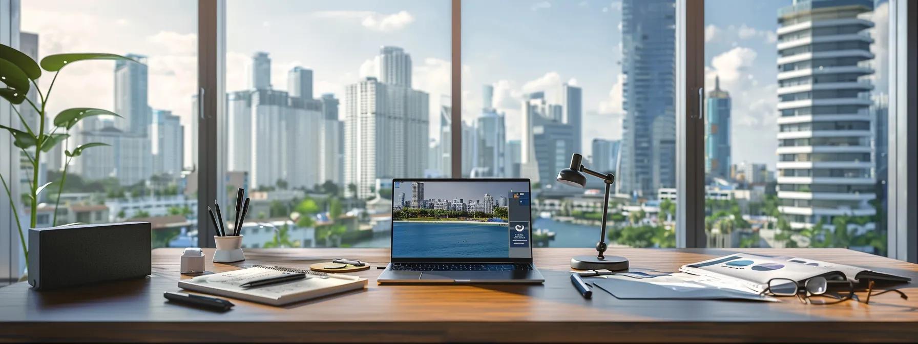 a focused view of a modern office desk with an open laptop displaying a video call, documents about roof insurance claims strewn about, and a cityscape view of pompano beach through a large window, conveying the urgency and clarity of navigating the insurance filing process after damage. a focused view of a modern office desk with an open laptop displaying a video call, documents about roof insurance claims strewn about, and a cityscape view of pompano beach through a large window, conveying the urgency and clarity of navigating the insurance filing process after damage.