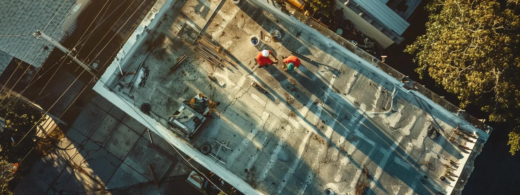 a focused view of a pompano beach roofing contractor assessing a damaged roof on a residential building, surrounded by essential tools and equipment in a well-lit urban setting, conveying urgency and professionalism.