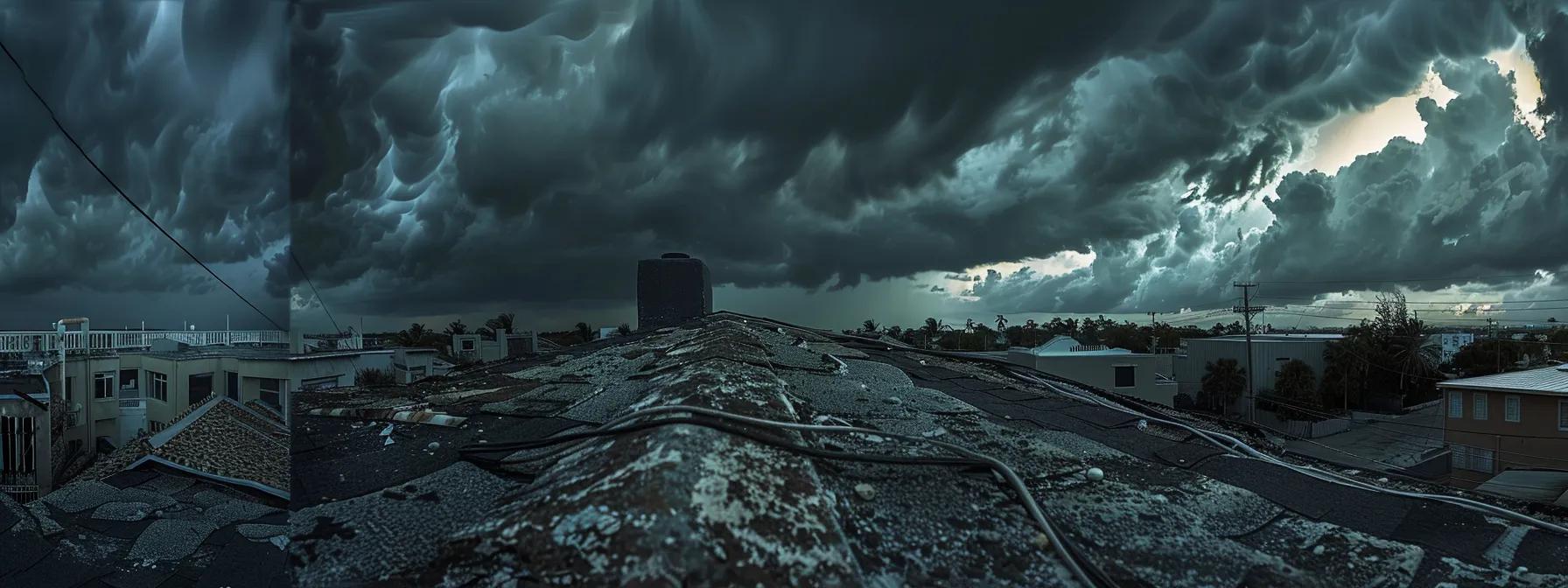 a fortified rooftop brimming with resilient materials and tools set against a dramatic stormy sky, emphasizing readiness for hurricane season in an urban pompano beach setting. a fortified rooftop brimming with resilient materials and tools set against a dramatic stormy sky, emphasizing readiness for hurricane season in an urban pompano beach setting.