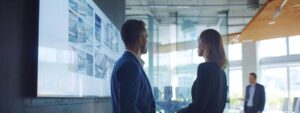 a meticulously arranged indoor office environment showcases a professional discussing roofing guarantees, with a sleek presentation on a large screen, emphasizing clarity and expertise in the construction industry.