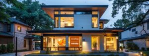 a modern home with a sleek, well-maintained roof takes center stage in an urban neighborhood, showcasing a vibrant "roofing warranty" banner draped elegantly across the front porch, emphasizing the importance of protection and investment for homeowners.