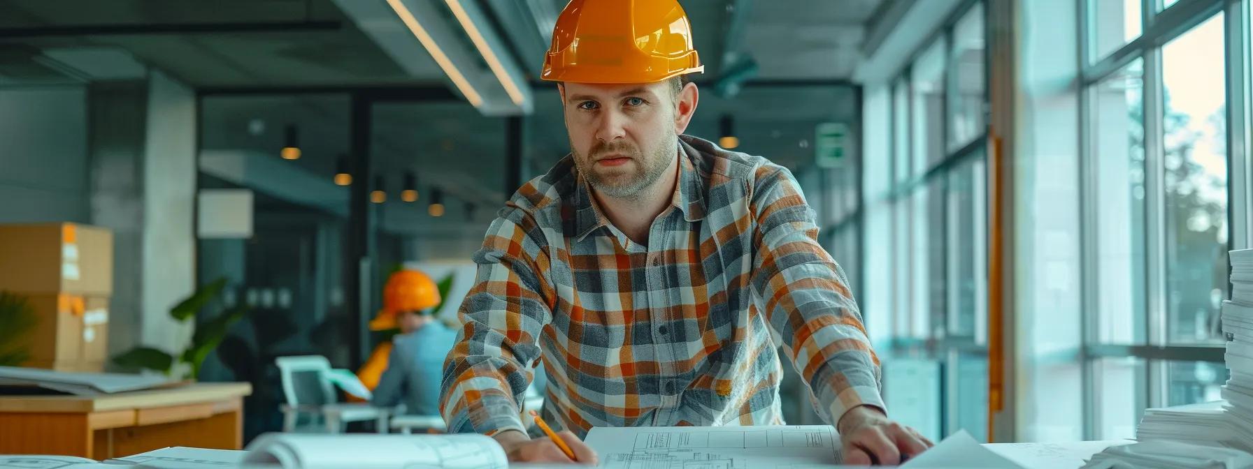 a modern office environment showcases a confident roofing contractor engaging with homeowners, surrounded by blueprints and warranty documents, emphasizing transparency and reliability in the roofing process. a modern office environment showcases a confident roofing contractor engaging with homeowners, surrounded by blueprints and warranty documents, emphasizing transparency and reliability in the roofing process.