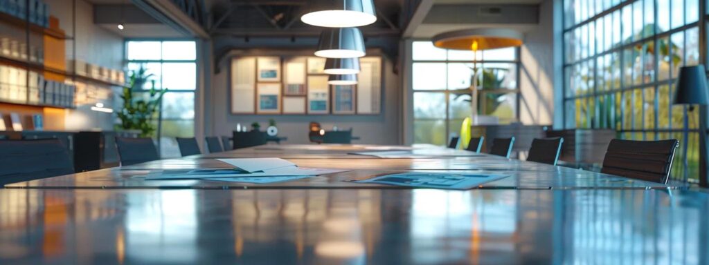 a modern office in pompano beach features a vibrant display of roofing materials and warranty brochures, elegantly arranged on a polished conference table under bright, focused overhead lighting, symbolizing the importance of selecting the right roofing warranty.