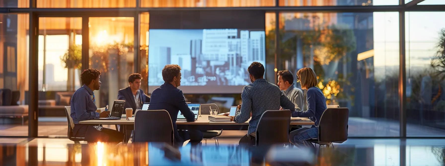 a modern office setting features a group of professionals engaged in a focused discussion around a sleek conference table, with roofing warranty documents and a digital projector displaying key points on a vibrant screen in the background. a modern office setting features a group of professionals engaged in a focused discussion around a sleek conference table, with roofing warranty documents and a digital projector displaying key points on a vibrant screen in the background.