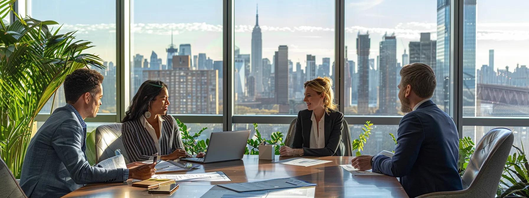 a modern office setting showcases a focused homeowner examining comprehensive warranty documents spread across a sleek conference table, with a backdrop of city views and engaging contractor representatives discussing vital coverages and customer feedback. a modern office setting showcases a focused homeowner examining comprehensive warranty documents spread across a sleek conference table, with a backdrop of city views and engaging contractor representatives discussing vital coverages and customer feedback.