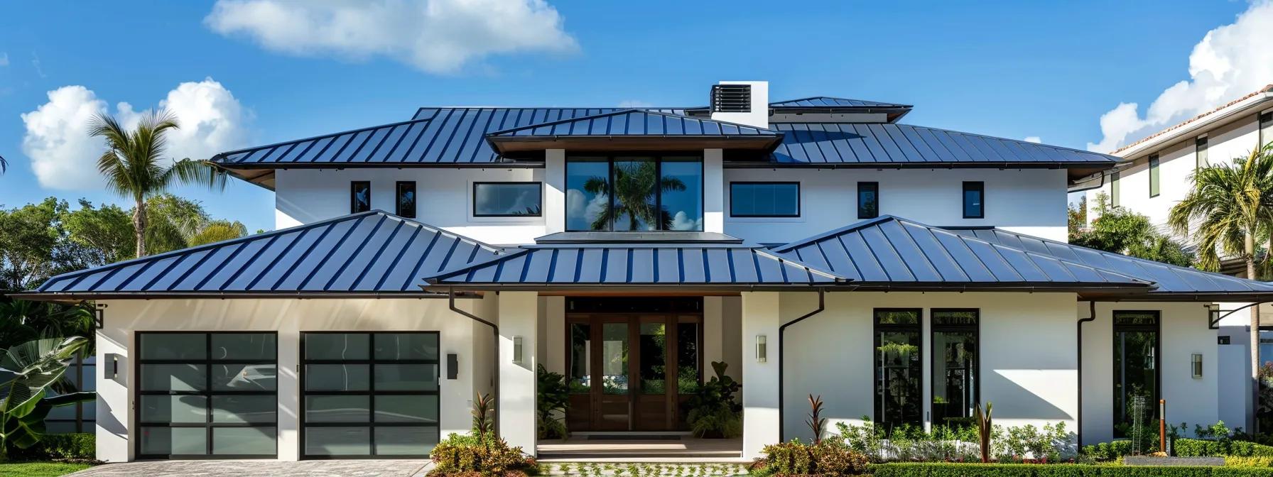 a modern pompano beach home featuring a striking, durable metal roof under a bright blue sky, showcasing the architectural styles suited for high humidity and hurricane conditions, with an emphasis on energy efficiency and resilience. a modern pompano beach home featuring a striking, durable metal roof under a bright blue sky, showcasing the architectural styles suited for high humidity and hurricane conditions, with an emphasis on energy efficiency and resilience.