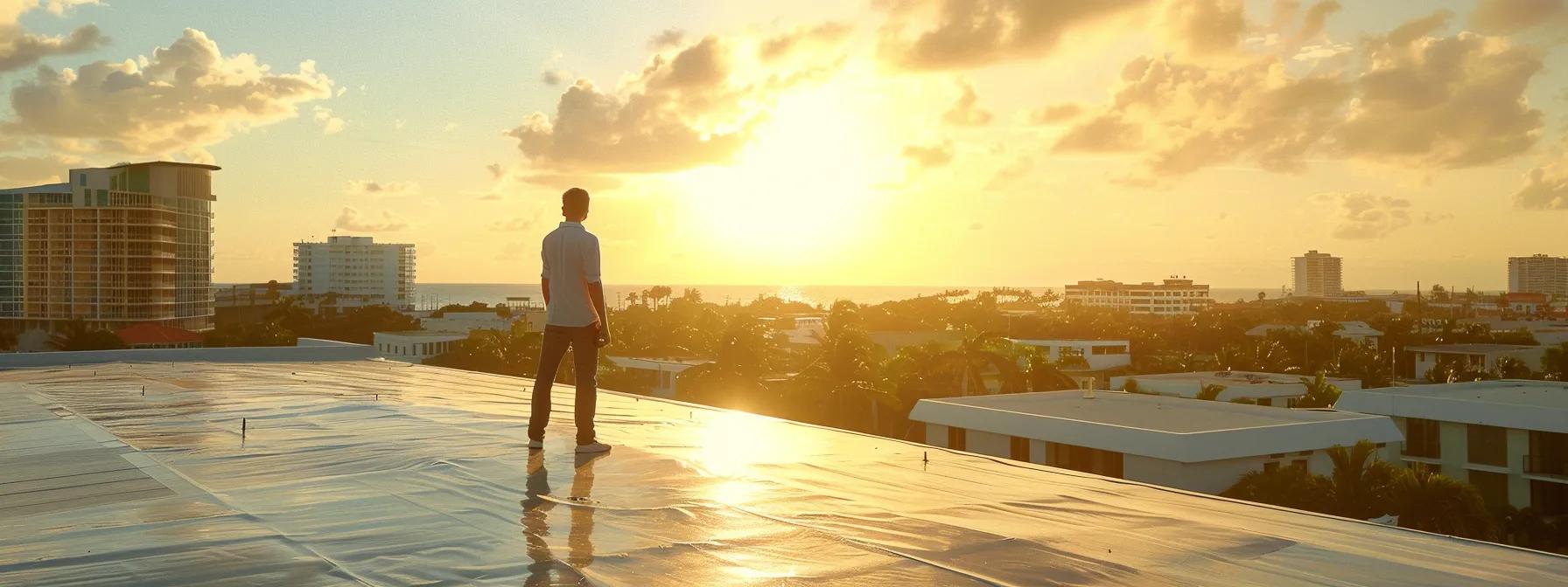 a professional contractor examines a sleek rooftop adorned with modern, durable roofing materials, set against the backdrop of a sunny coastal pompano beach skyline, emphasizing the balance of style and resilience in building design. a professional contractor examines a sleek rooftop adorned with modern, durable roofing materials, set against the backdrop of a sunny coastal pompano beach skyline, emphasizing the balance of style and resilience in building design.