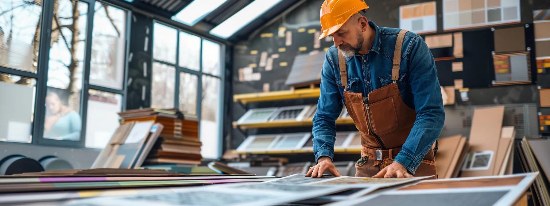 a professional contractor examines various roofing materials in a well-lit office setting, surrounded by detailed brochures and charts highlighting warranty options influenced by local weather conditions. a professional contractor examines various roofing materials in a well-lit office setting, surrounded by detailed brochures and charts highlighting warranty options influenced by local weather conditions.