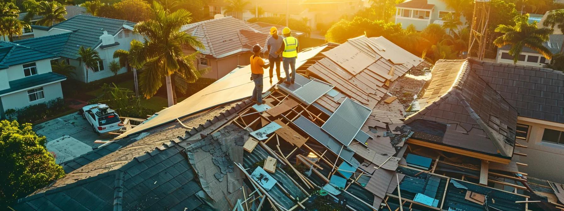 a professional emergency roofing team efficiently assesses storm damage on a residential rooftop in an urban pompano beach neighborhood, surrounded by safety equipment and temporary repair materials, under dramatic overhead lighting that emphasizes the urgency of their swift action. a professional emergency roofing team efficiently assesses storm damage on a residential rooftop in an urban pompano beach neighborhood, surrounded by safety equipment and temporary repair materials, under dramatic overhead lighting that emphasizes the urgency of their swift action.