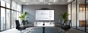 a professional office setting featuring a detailed and informative comparison chart displayed on a sleek digital presentation screen, showcasing the key distinctions between roofing warranties and guarantees, with focused lighting highlighting the screen's content.