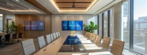 a professional office setting showcases an elegant meeting room, complete with a sleek conference table and a large digital display highlighting roofing warranty options, illuminated by bright, focused overhead lighting.