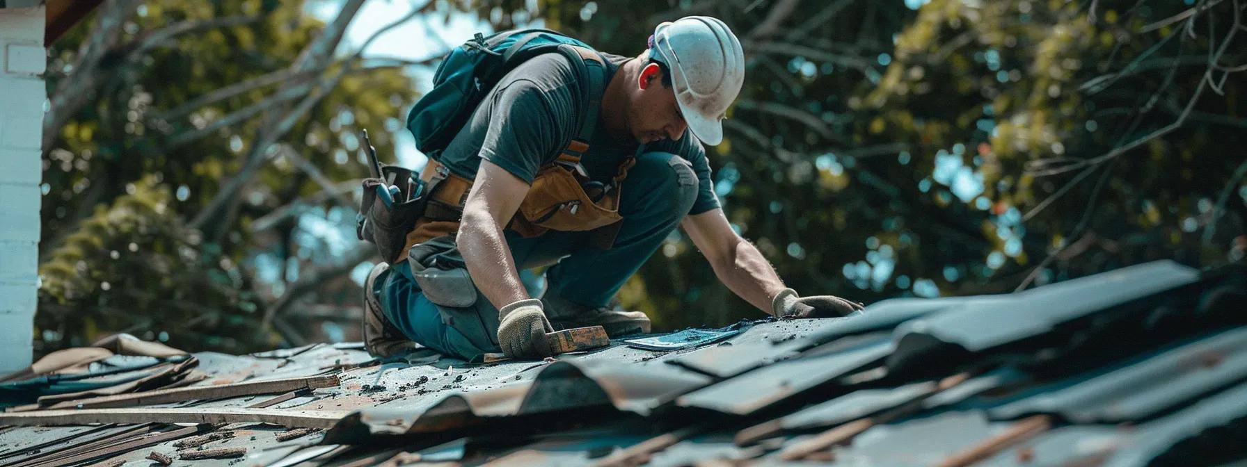 a professional roofer assesses a damaged roof in an urban environment, surrounded by tools and safety equipment, as they prepare to implement immediate stabilization measures. a professional roofer assesses a damaged roof in an urban environment, surrounded by tools and safety equipment, as they prepare to implement immediate stabilization measures.