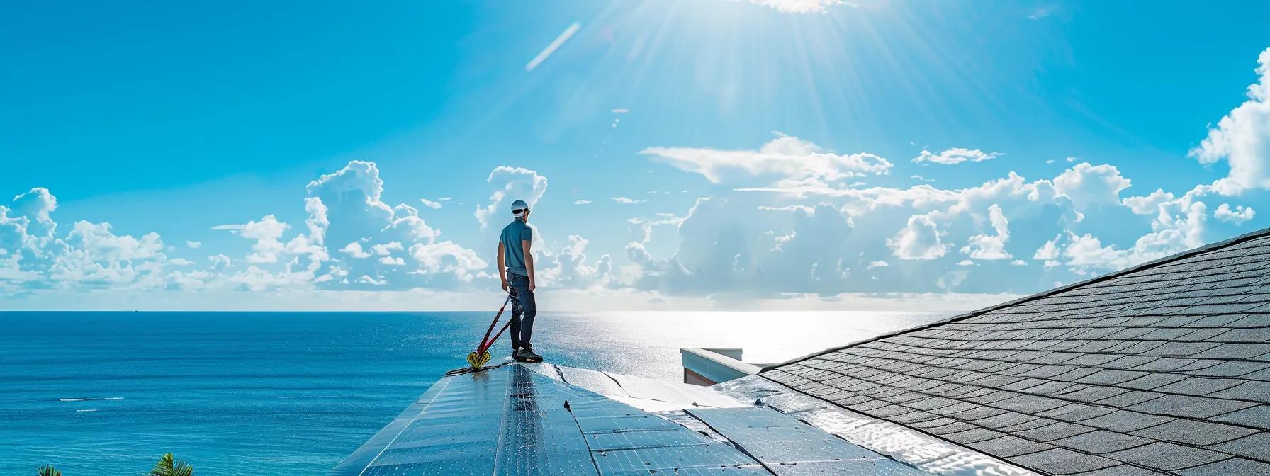 a professional roofer inspects a vibrant coastal home in pompano beach, highlighting the critical importance of regular roof maintenance against the backdrop of a clear blue sky and the glistening ocean, with tools and debris-clearing equipment carefully arranged around the structured roof. a professional roofer inspects a vibrant coastal home in pompano beach, highlighting the critical importance of regular roof maintenance against the backdrop of a clear blue sky and the glistening ocean, with tools and debris-clearing equipment carefully arranged around the structured roof.