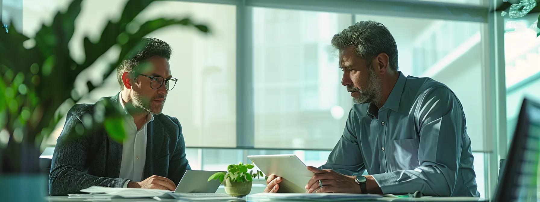 a professional roofing contractor in a sleek office setting engages with a client, clearly outlining detailed warranty terms on a modern tablet, creating an atmosphere of transparency and trust. a professional roofing contractor in a sleek office setting engages with a client, clearly outlining detailed warranty terms on a modern tablet, creating an atmosphere of transparency and trust.