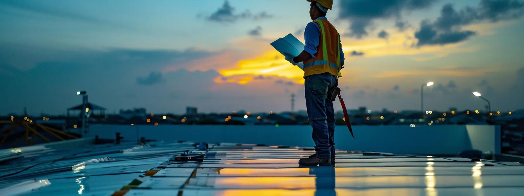 a professional roofing contractor is shown meticulously inspecting a freshly installed rooftop under bright office-like lighting, highlighting the precision and importance of quality workmanship in a coastal urban setting like pompano beach. a professional roofing contractor is shown meticulously inspecting a freshly installed rooftop under bright office-like lighting, highlighting the precision and importance of quality workmanship in a coastal urban setting like pompano beach.