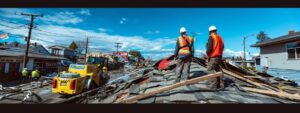 a professional roofing team in hard hats inspects a damaged roof in an urban streetscape, with a clear blue sky contrasting against the vibrant red and yellow of emergency repair vehicles.