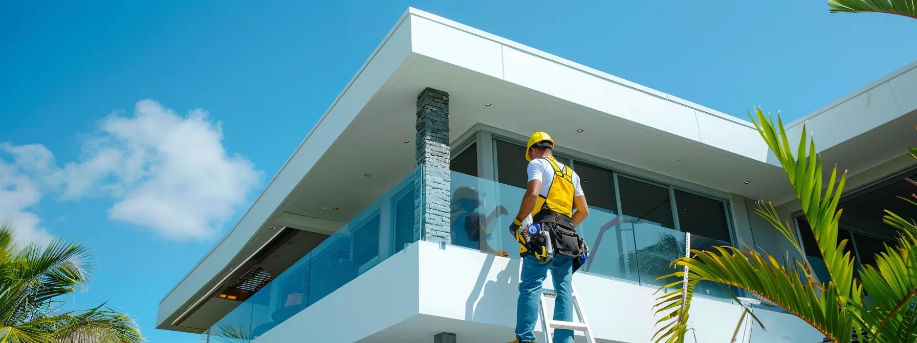 a professional roofing technician, equipped with safety gear, stands on a sturdy ladder inspecting a freshly repaired roof on a modern pompano beach home, showcasing a clear blue sky and urban surroundings, emphasizing the reliability and expertise of coastal roofing solutions. a professional roofing technician, equipped with safety gear, stands on a sturdy ladder inspecting a freshly repaired roof on a modern pompano beach home, showcasing a clear blue sky and urban surroundings, emphasizing the reliability and expertise of coastal roofing solutions.