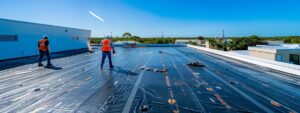a rooftop installation in progress on a pompano beach building, showcasing skilled professionals diligently applying sturdy roofing materials under bright, clear blue skies, embodying trust and expertise in emergency roofing services.