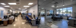 a sharply contrasting split-image captures a bustling pompano beach roofing office on one side, showcasing technicians engaged in emergency service calls, while the other side features a calm, organized workspace with professionals conducting routine maintenance inspections, exemplifying the differences in urgency and approach within the roofing industry.