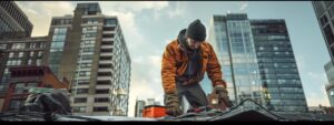 a skilled technician is efficiently inspecting a damaged roof in a bustling urban environment, with high-rise buildings in the background and tools organized neatly beside them, showcasing a sense of urgency and professionalism in emergency roof repair services.