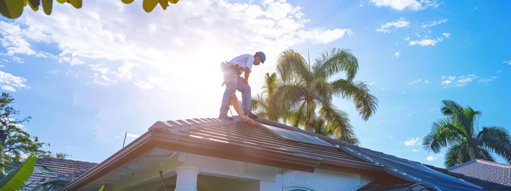 a skilled technician is performing emergency roof repairs on a residential home in pompano beach, showcasing a focused scene of rapid damage inspection and tarping under bright overhead work lights. a skilled technician is performing emergency roof repairs on a residential home in pompano beach, showcasing a focused scene of rapid damage inspection and tarping under bright overhead work lights.