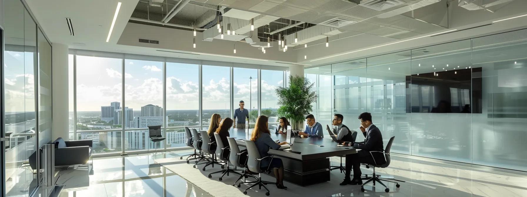 a sleek, modern office interior showcases a high-tech conference table surrounded by professionals discussing blueprints and codes, highlighting the rigorous standards impacting roofing warranties in pompano beach. a sleek, modern office interior showcases a high-tech conference table surrounded by professionals discussing blueprints and codes, highlighting the rigorous standards impacting roofing warranties in pompano beach.