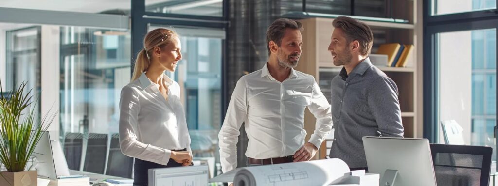 a sleek, modern office setting featuring a confident contractor discussing robust warranty options with a client, highlighted by polished surfaces and a backdrop of architectural blueprints.