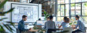 a sleek, modern office space features a diverse group of contractors engaged in a dynamic discussion over warranty options, with large blueprints and digital screens displaying project designs in the background.