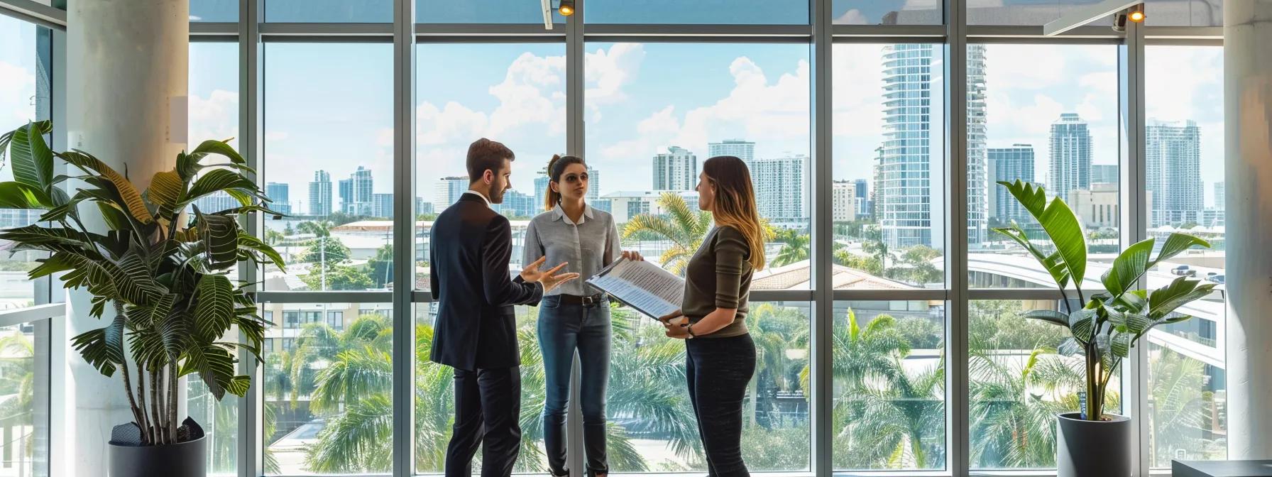 a sleek, modern office with a confident advisor presenting a detailed roof warranty chart to attentive homeowners, framed by large windows showcasing a bright, urban skyline in pompano beach. a sleek, modern office with a confident advisor presenting a detailed roof warranty chart to attentive homeowners, framed by large windows showcasing a bright, urban skyline in pompano beach.
