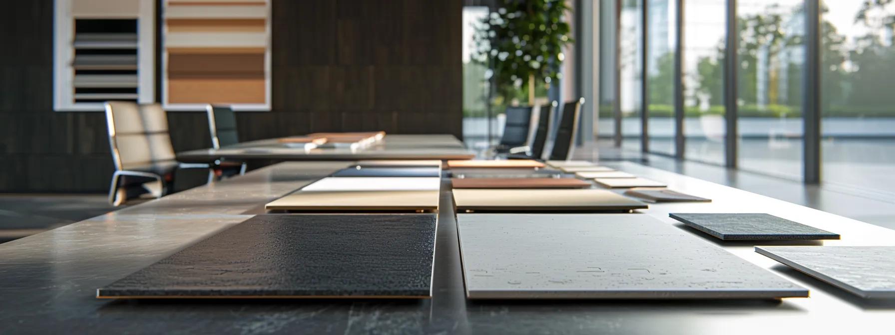 a sleek, modern office workspace showcases a variety of roofing material samples arranged neatly on a polished conference table, emphasizing their unique textures and colors under bright, focused lighting, illustrating their influence on warranty options and coverage. a sleek, modern office workspace showcases a variety of roofing material samples arranged neatly on a polished conference table, emphasizing their unique textures and colors under bright, focused lighting, illustrating their influence on warranty options and coverage.