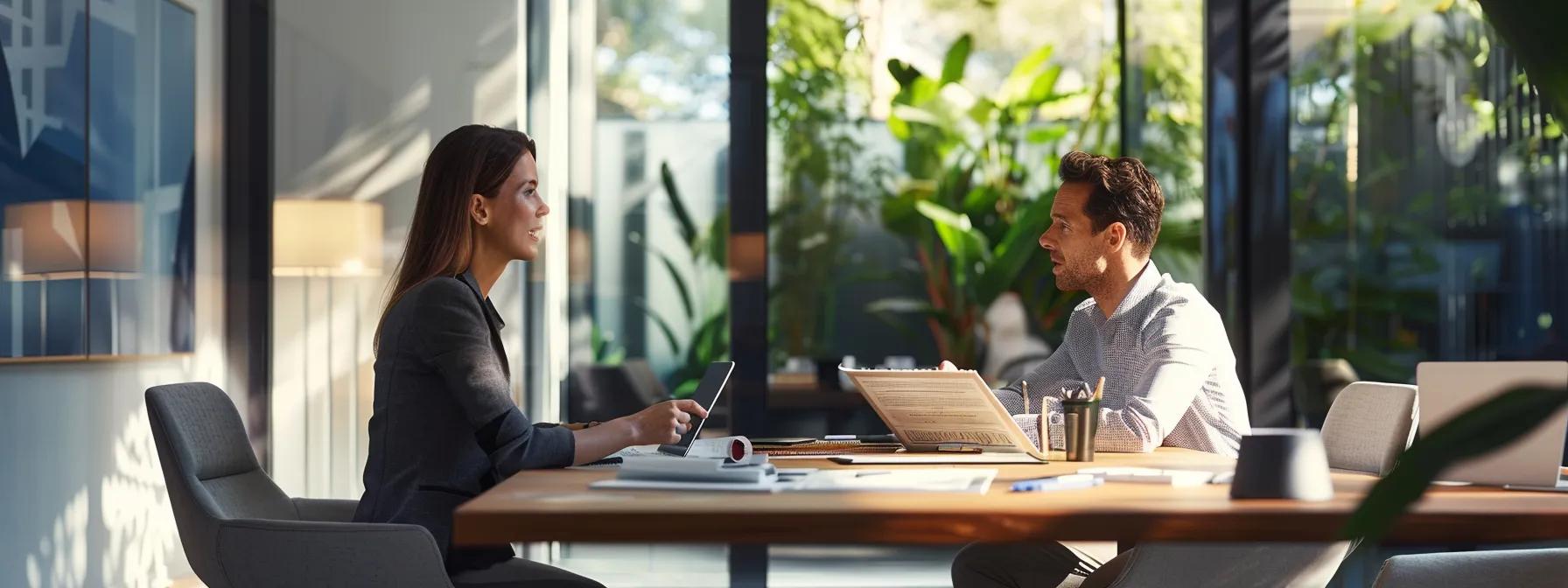 a sleek office environment showcases a confident roofing contractor presenting a detailed warranty document to a satisfied homeowner, with samples of high-quality roofing materials visibly displayed on a modern conference table. a sleek office environment showcases a confident roofing contractor presenting a detailed warranty document to a satisfied homeowner, with samples of high-quality roofing materials visibly displayed on a modern conference table.