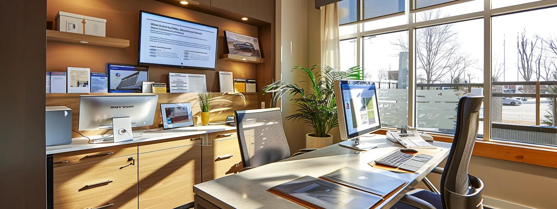 a well-organized office space features a sleek modern desk with a digital tablet displaying roofing warranty details, surrounded by informative brochures highlighting warranty duration and maintenance requirements, bathed in soft, focused lighting to create a professional atmosphere. a well-organized office space features a sleek modern desk with a digital tablet displaying roofing warranty details, surrounded by informative brochures highlighting warranty duration and maintenance requirements, bathed in soft, focused lighting to create a professional atmosphere.
