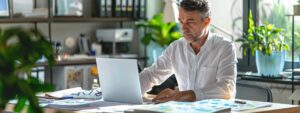 a well-organized office space features a confident professional reviewing emergency roofing service options on a sleek laptop, surrounded by architectural plans and a detailed city map of pompano beach that highlights key areas for service.