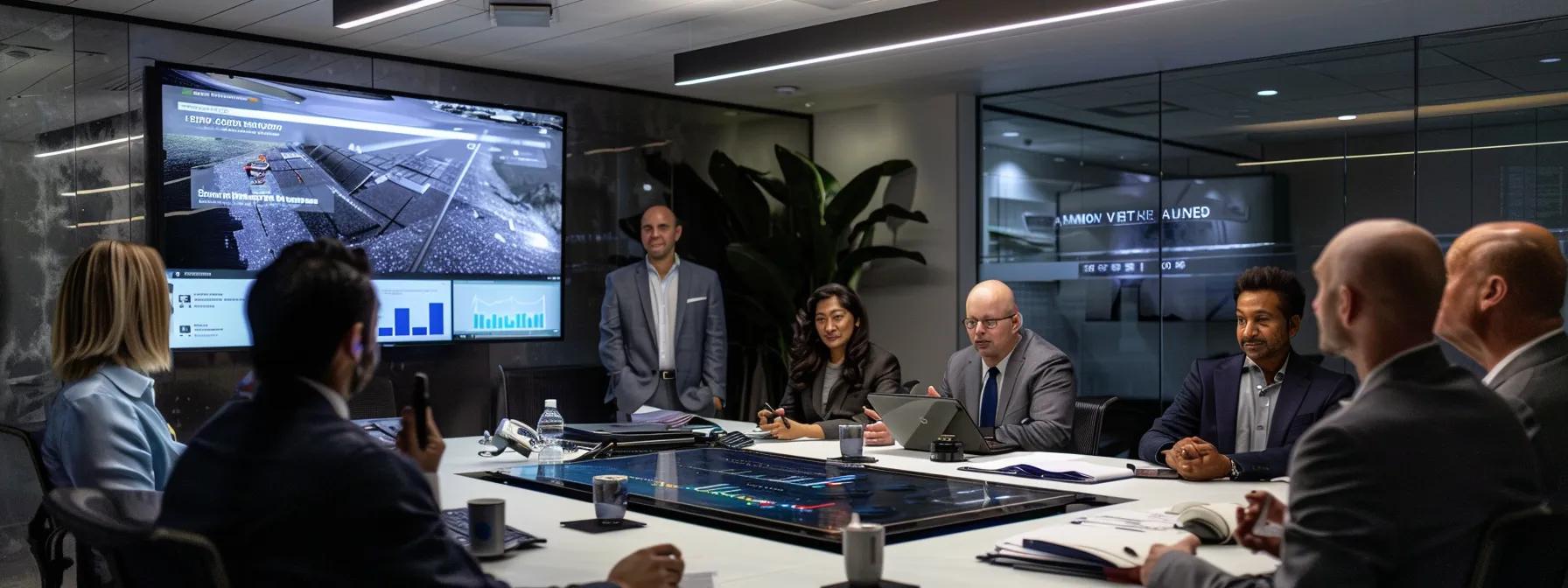 an informative office setting featuring a modern conference table displaying a sleek digital presentation on roofing warranties, with industry professionals engaged in a focused discussion, illuminated by soft overhead lighting that emphasizes the professionalism of the space. an informative office setting featuring a modern conference table displaying a sleek digital presentation on roofing warranties, with industry professionals engaged in a focused discussion, illuminated by soft overhead lighting that emphasizes the professionalism of the space.